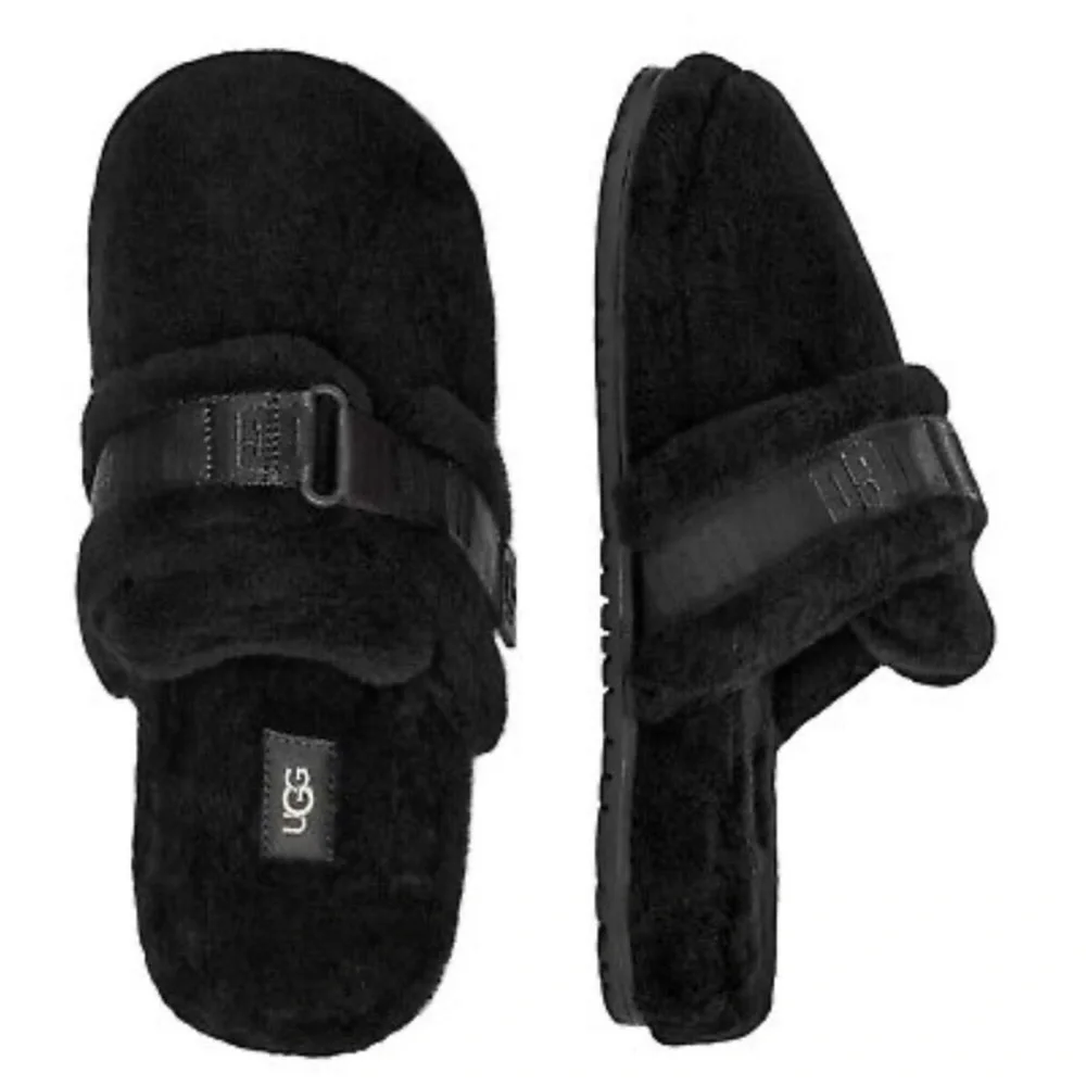 UGG Black Fuzzy Wool Closed Round Toe Logo Print Strap Slippers